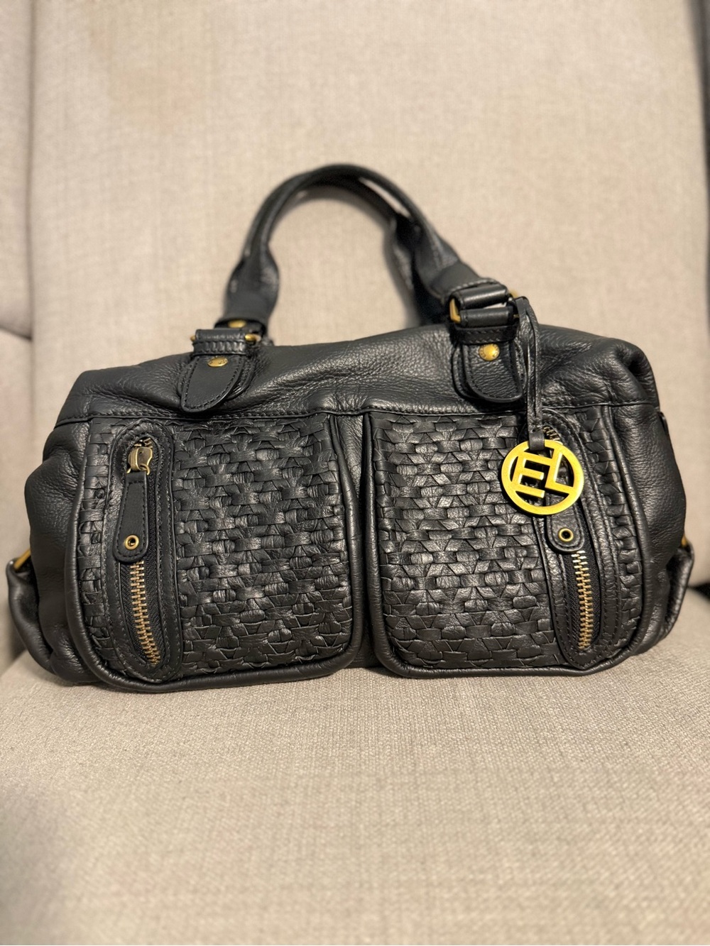 Elliott Lucca Black Woven Leather Satchel Shoulder Bag Brass Hardware